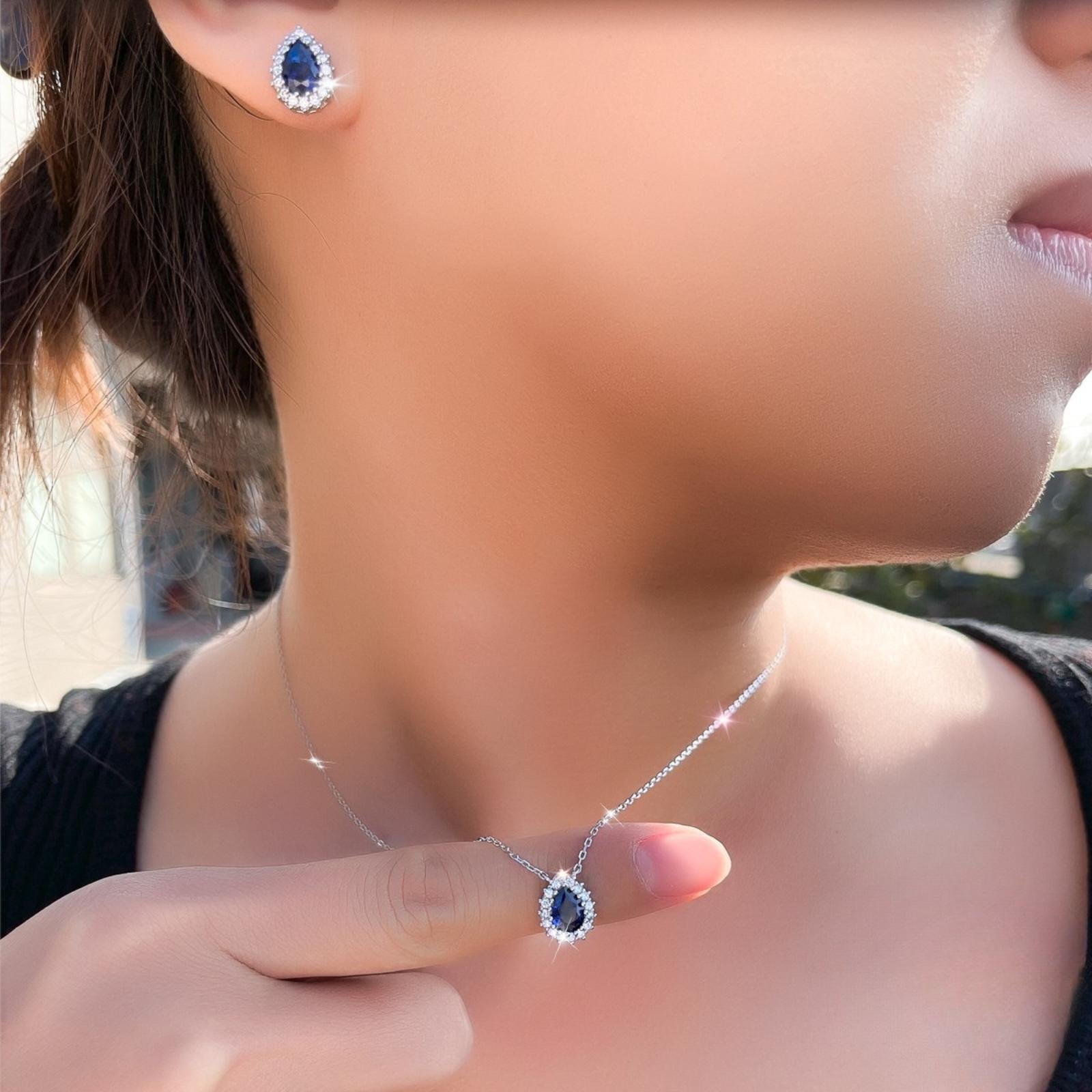 Set din argint colier si cercei lacrima cu safir albastru si zirconiu cesini femei