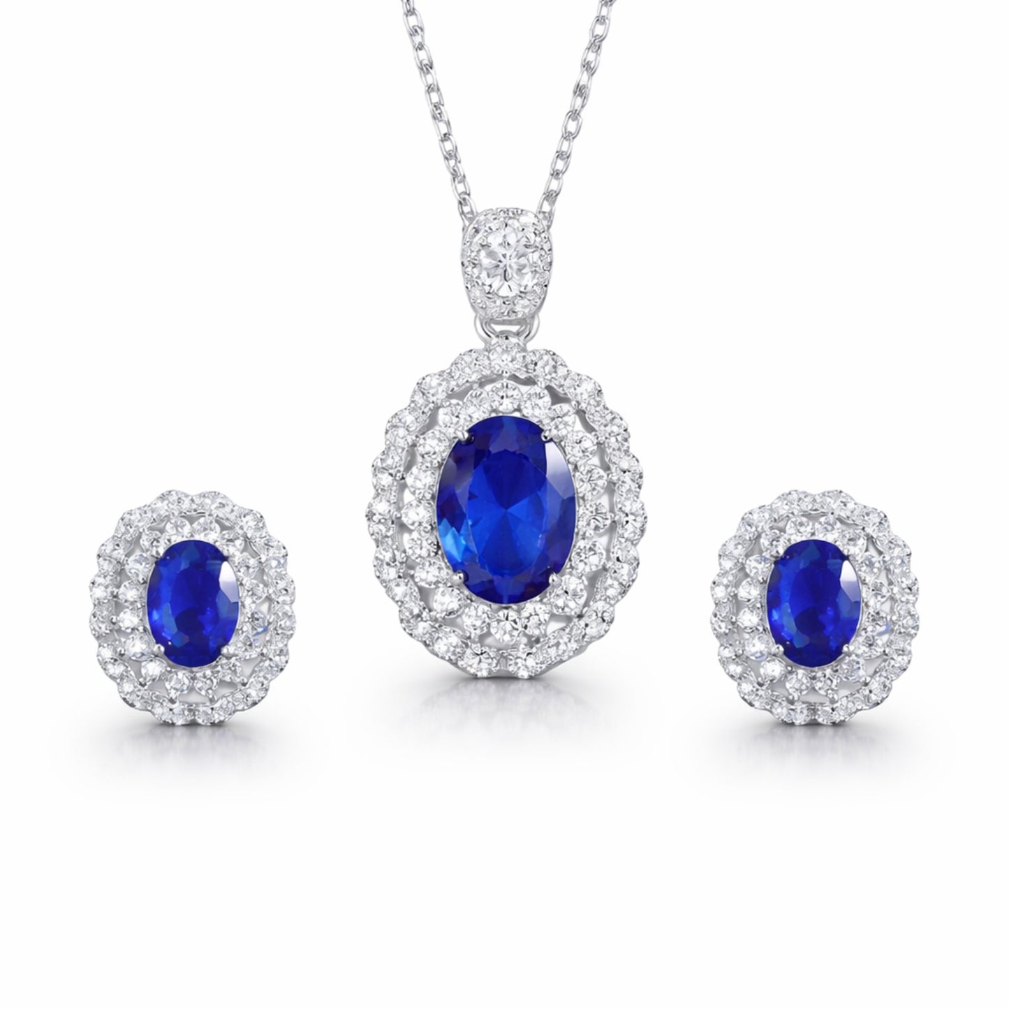 Set din argint colier si cercei elegant oval cu safir albastru si cristale zirconiu cesini