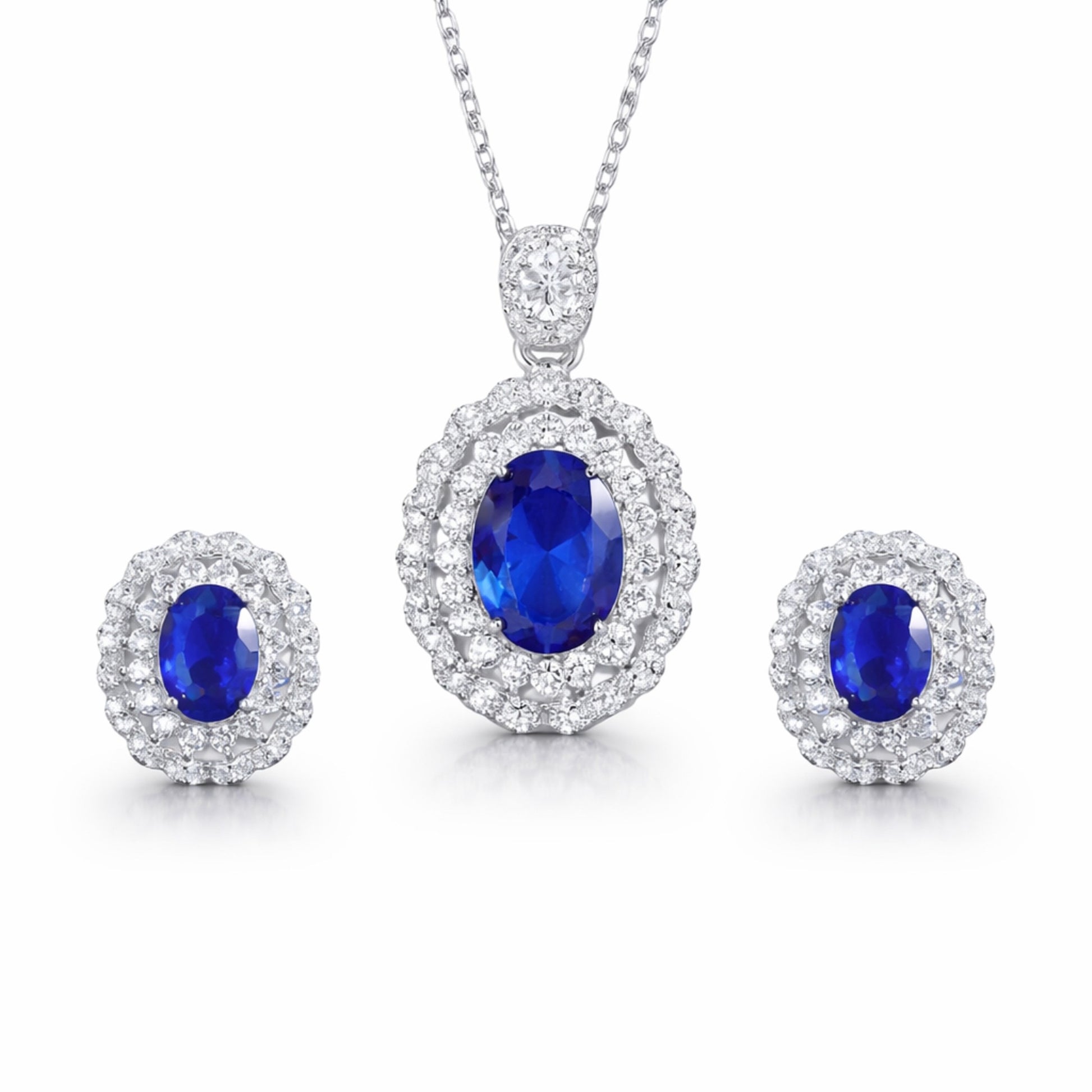 Set din argint colier si cercei elegant oval cu safir albastru si cristale zirconiu cesini