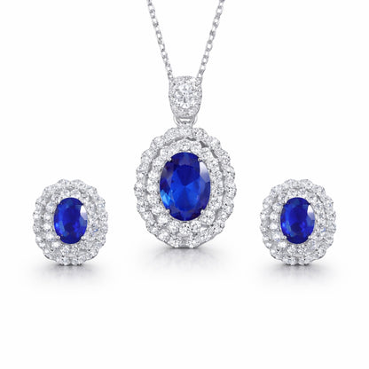 Set din argint colier si cercei elegant oval cu safir albastru si cristale zirconiu cesini