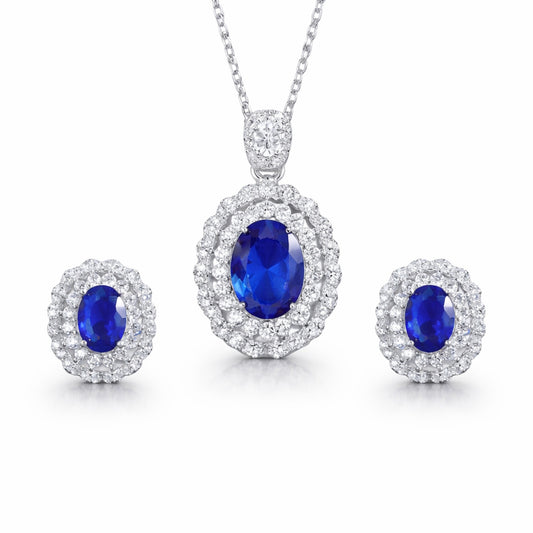 Set din argint colier si cercei elegant oval cu safir albastru si cristale zirconiu cesini