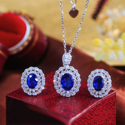 Set din argint colier si cercei elegant oval cu safir albastru si cristale zirconiu cesini cadou