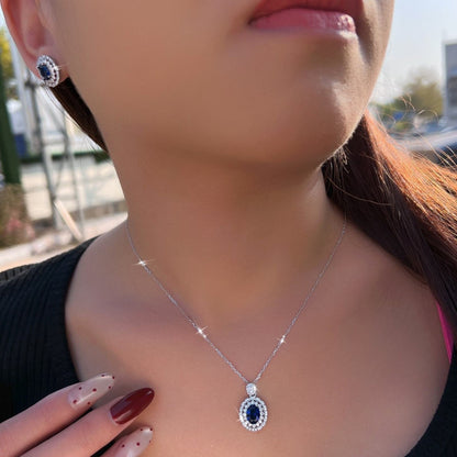 Set din argint colier si cercei elegant oval cu safir albastru si cristale zirconiu cesini femei