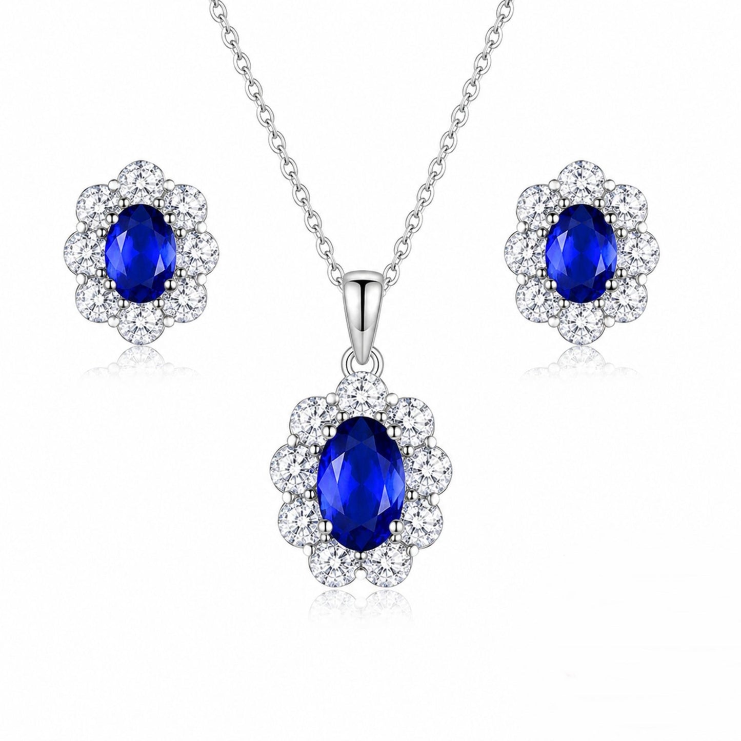 Set din argint colier si cercei oval floare cu safir albastru si zirconiu cesini