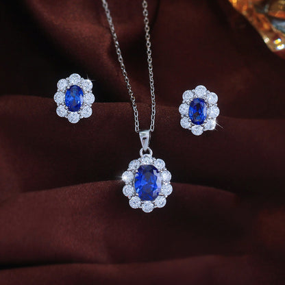 Set din argint colier si cercei oval floare cu safir albastru si zirconiu cesini cadou