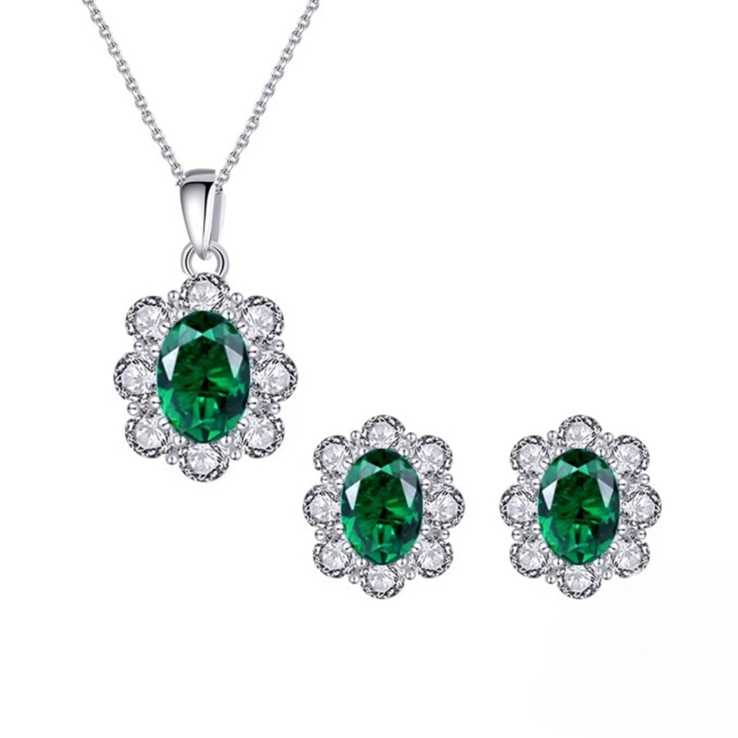 Set din argint colier si cercei oval floare cu smarald verde si zirconiu cesini
