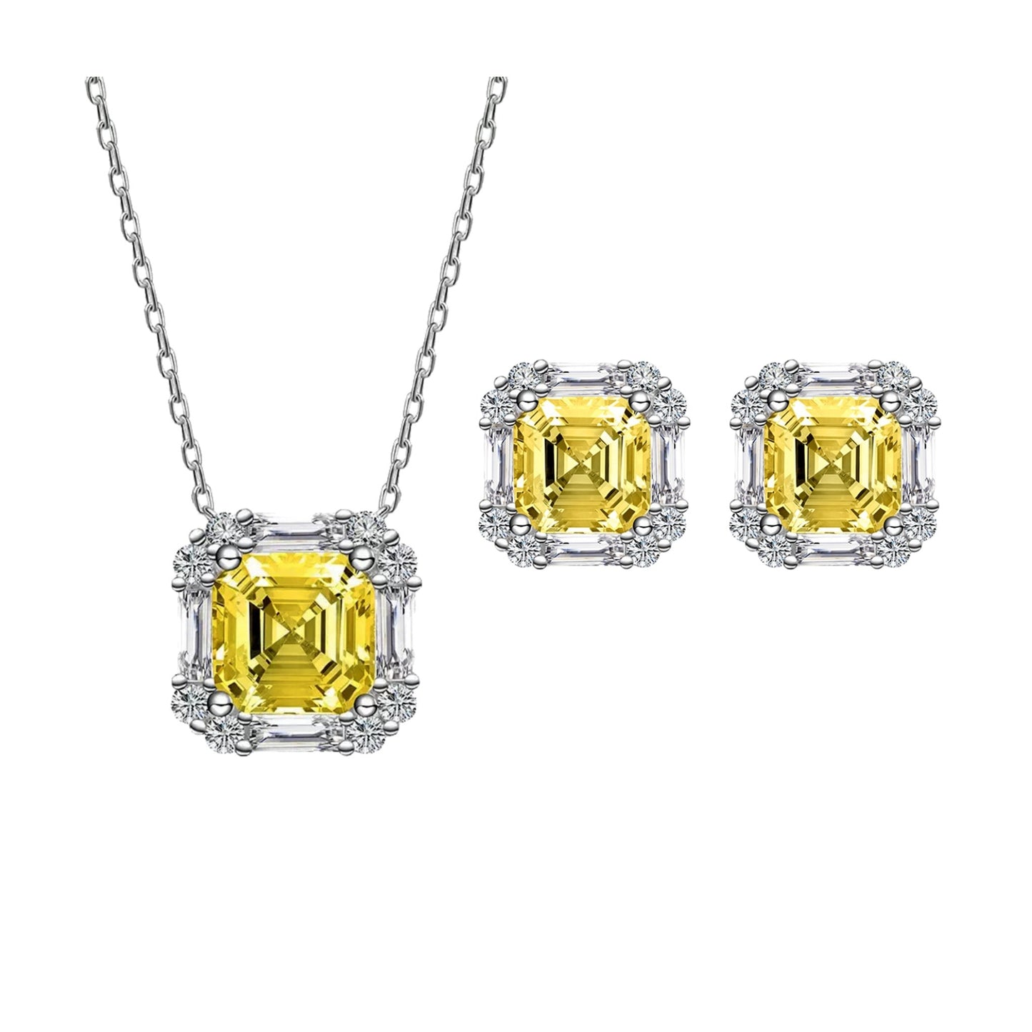 Set din argint colier si cercei elegant patrat cu citrin si cristale zirconiu cesini
