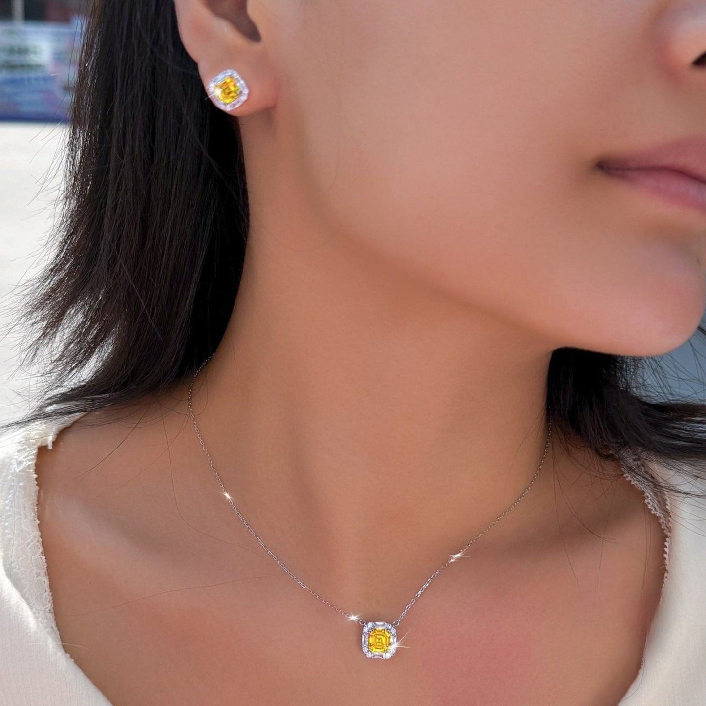 Set din argint colier si cercei elegant patrat cu citrin si cristale zirconiu cesini femei