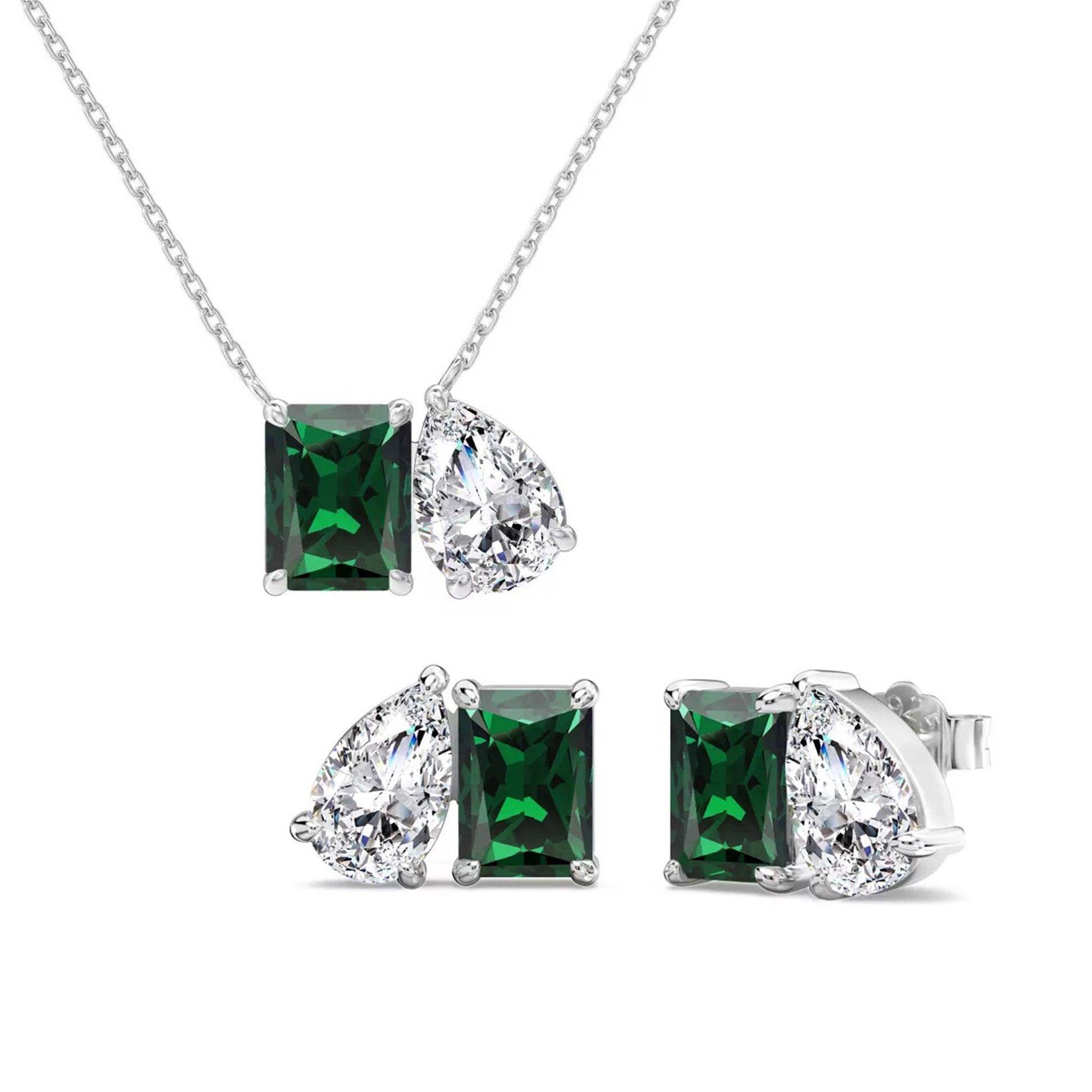 Set din argint colier si cercei patrat cu lacrima smarald verde si zirconiu cesini