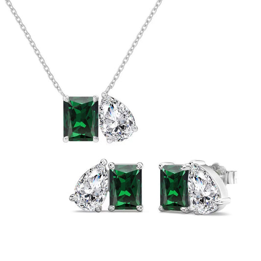 Set din argint colier si cercei patrat cu lacrima smarald verde si zirconiu cesini