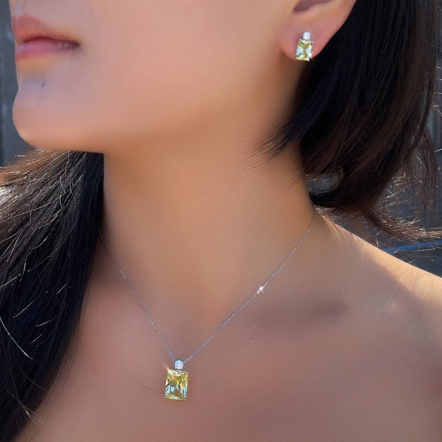 Set din argint colier si cercei rectangular cu citrin si zirconiu cesini femei
