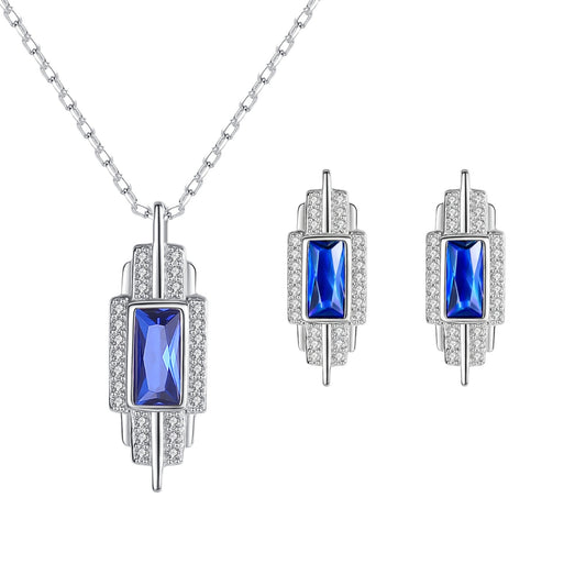 Set din argint colier si cercei elegant cu safir albastru si cristale zirconiu cesini