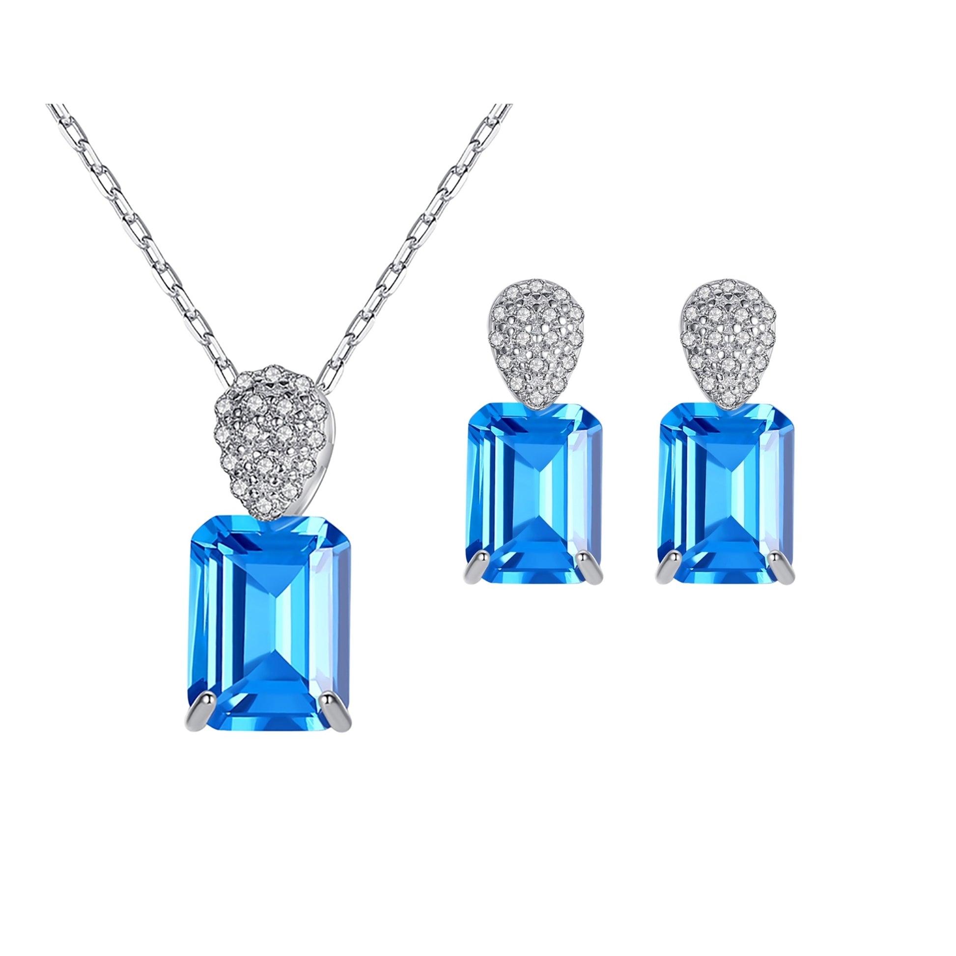 Set din argint rectangular colier si cercei cu topaz albastru si zirconiu cesini