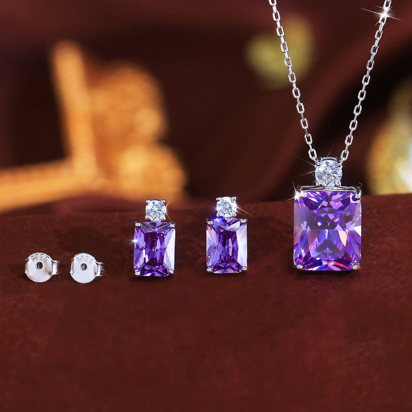 Set din argint colier si cercei rectangular cu topaz albastru si zirconiu cesini cadou