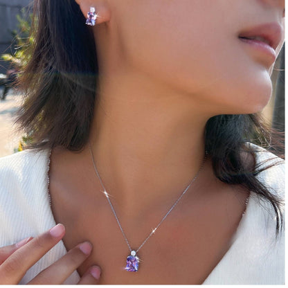 Set din argint colier si cercei rectangular cu topaz albastru si zirconiu cesini femei