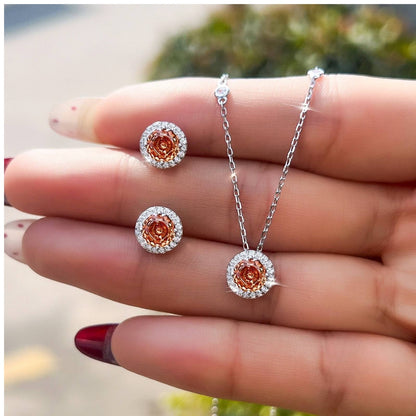 Set din argint colier si cercei elegant rotund cu citrin si cristale zirconiu cesini cadou
