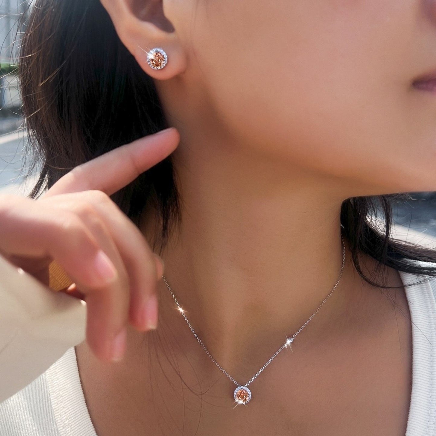 Set din argint colier si cercei elegant rotund cu citrin si cristale zirconiu cesini femei