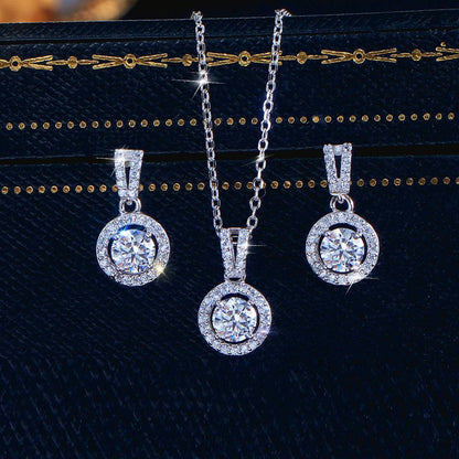 Set din argint colier si cercei rotund elegant cu zirconiu cesini cadou