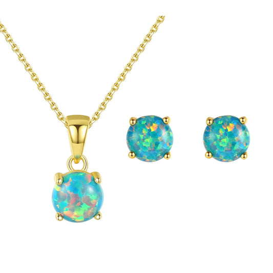 Set din argint placat cu aur colier si cercei rotund cu opal cesini