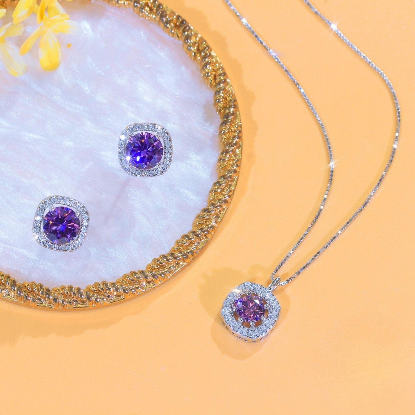 Set din argint elegant colier si cercei cu safir albastru si cristale zirconiu cesini cadou