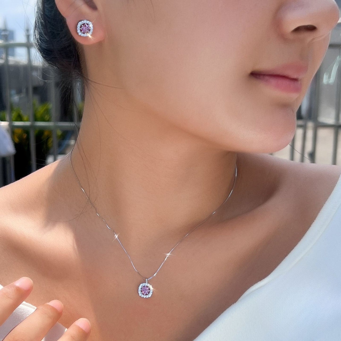 Set din argint elegant colier si cercei cu safir albastru si cristale zirconiu cesini femei