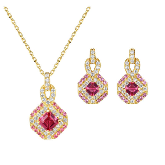 Set din argint colier si cercei placat cu aur cu rubin rosu si cristale zirconiu cesini