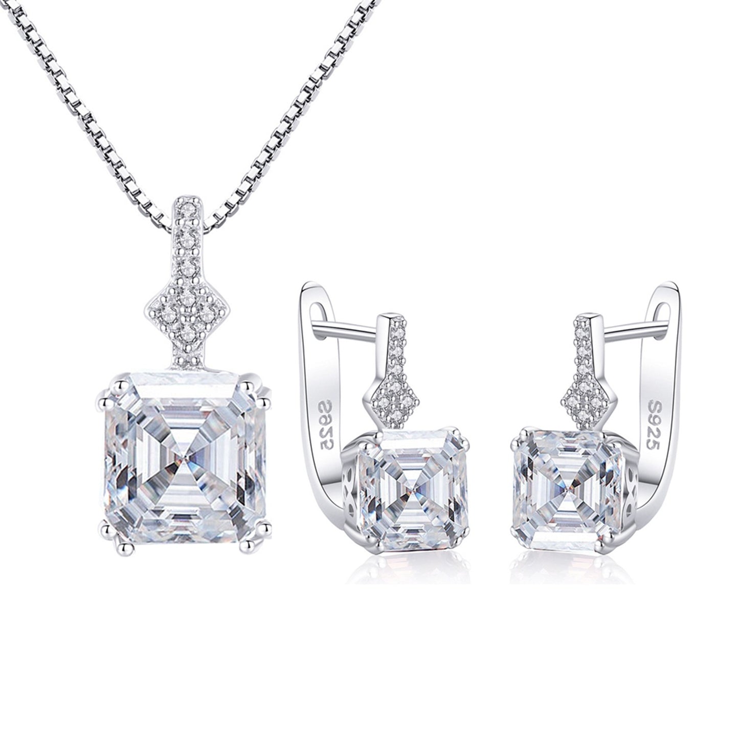 Set din argint elegant patrat colier si cercei cu morganit si cristale zirconiu cesini