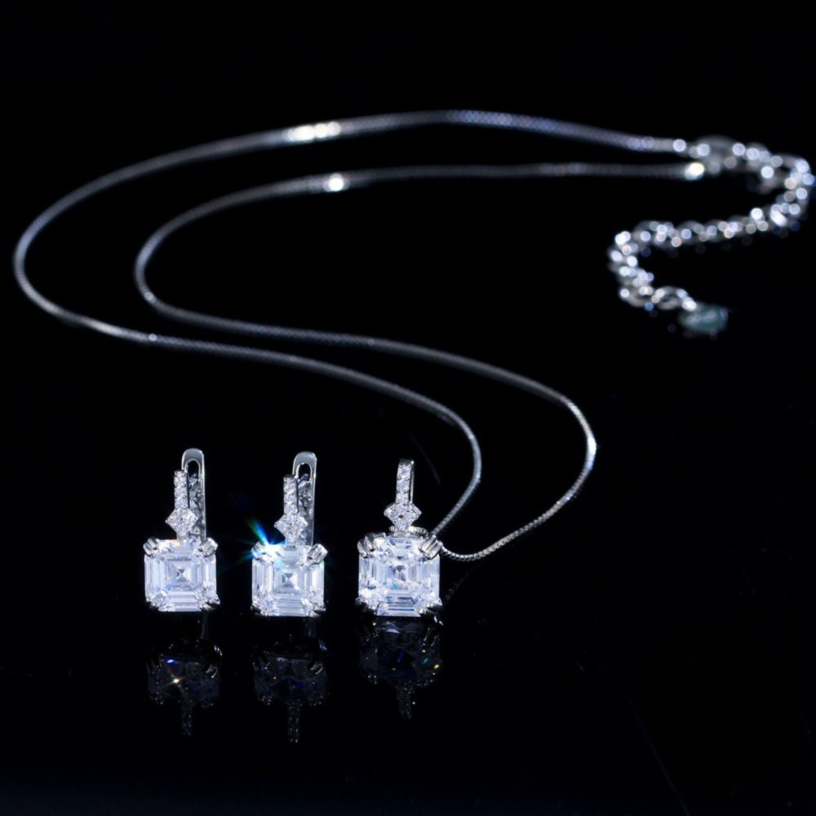 Set din argint elegant patrat colier si cercei cu morganit si cristale zirconiu cesini cadou