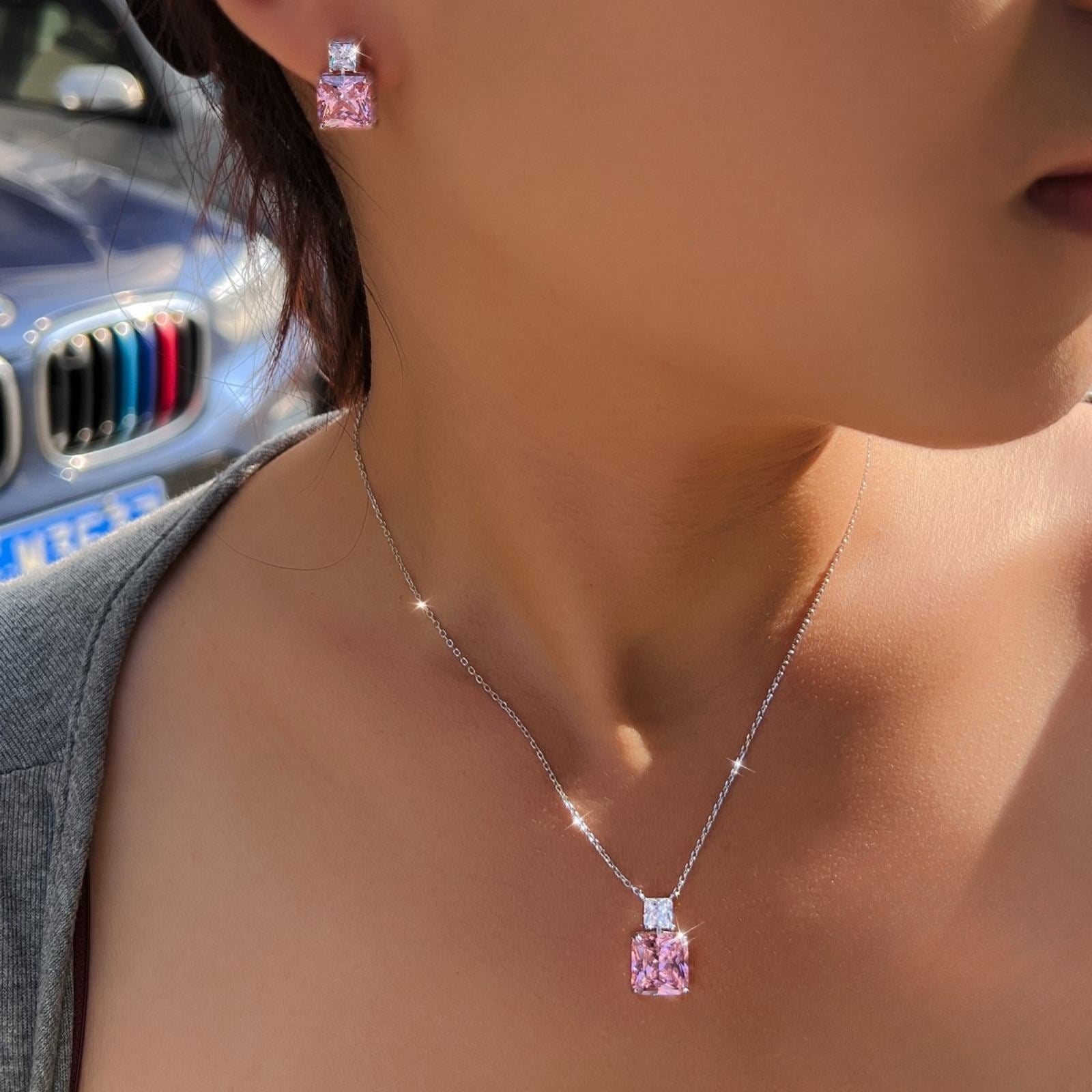 Set din argint elegant patrat colier si cercei cu cristale zirconiu cesini femei