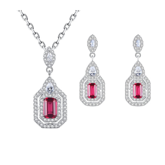 Set din argint colier si cercei elegant cu rubin rosu si cristale zirconiu cesini