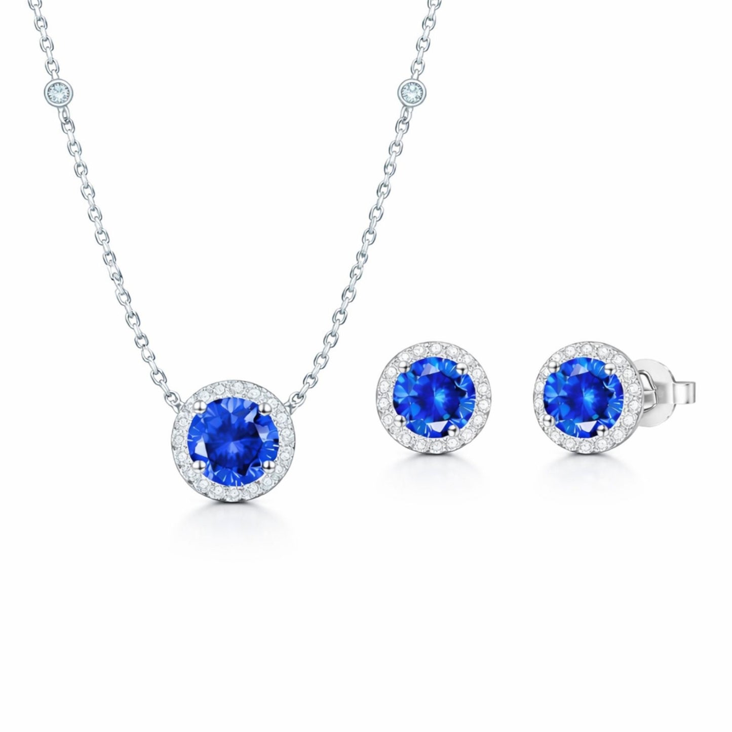 Set din argint elegant rotund colier si cercei cu safir albastru si cristale zirconiu cesini
